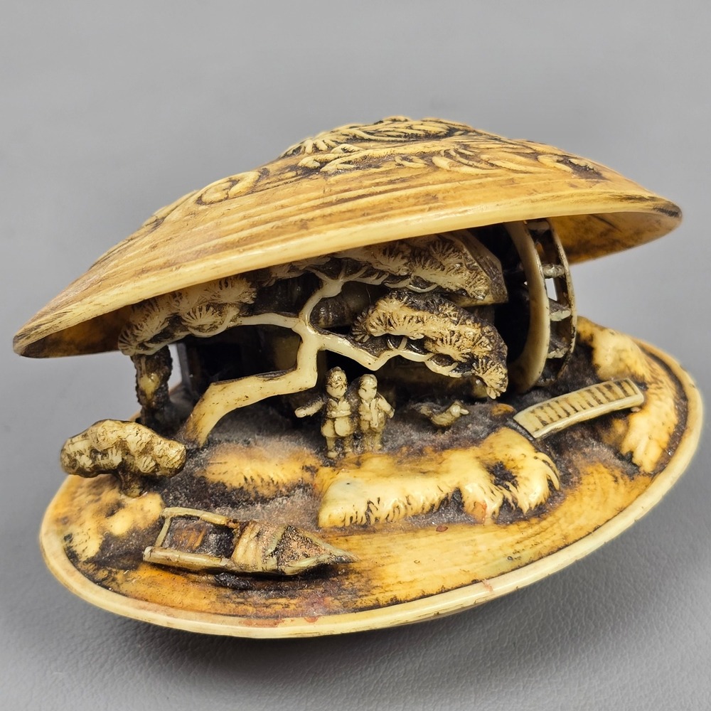 Vintage Chinese Celluloid Clam Shell Diorama Tree Village Dragon Boat Scene